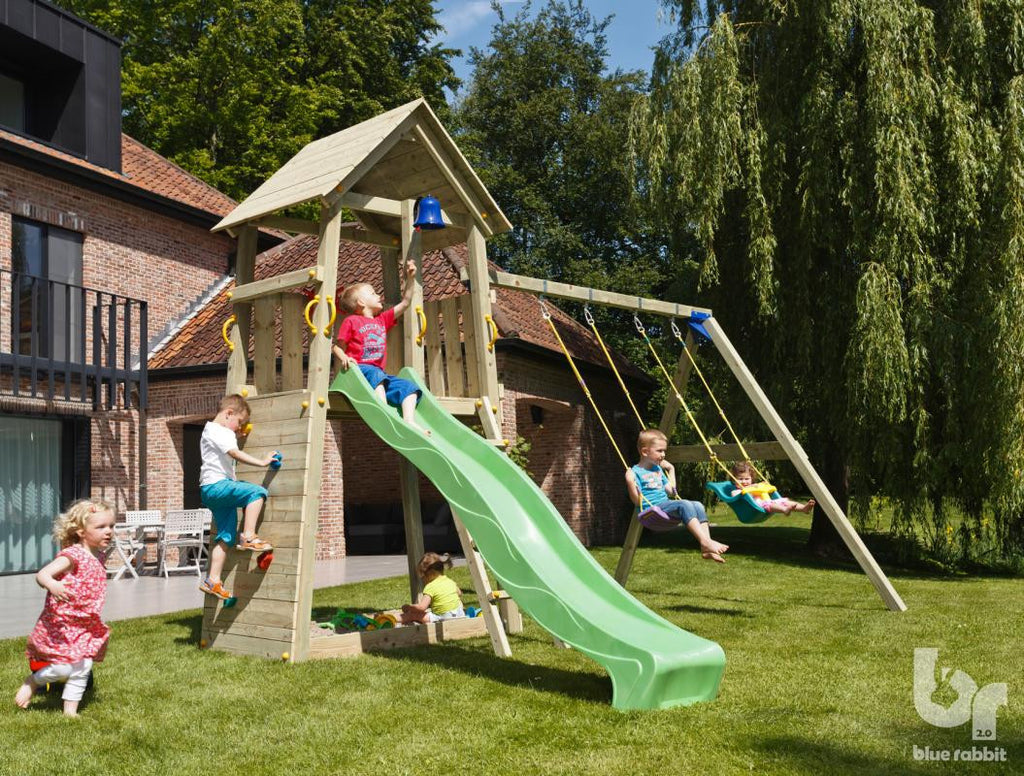 Blue Rabbit Belvedere Climbing Frame with Swing Arm, Slide, Swing Seats and Climbing Wall
