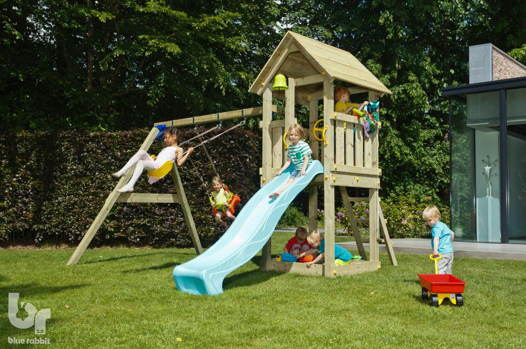 Blue Rabbit Kiosk Tower with Slide, Swing Arm and 2 Swing Seats