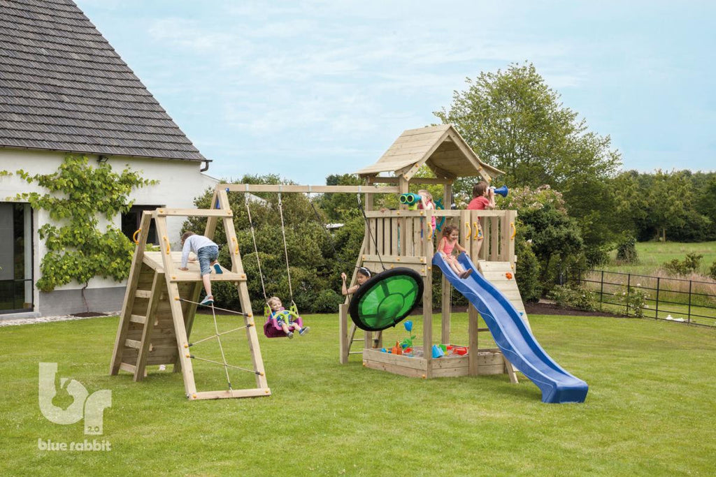 Blue Rabbit Pagoda Tower with Challenger Swing Arm, Slide and Swing Seats